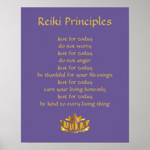 Reiki Principles Lila/Gold lotus Poster