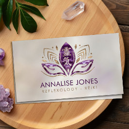 Reiki Symbol und Hände in Lotus Amethyst und Gold Visitenkarte
