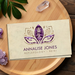 Reiki Symbol und Hände in Lotus Amethyst und Gold Visitenkarte