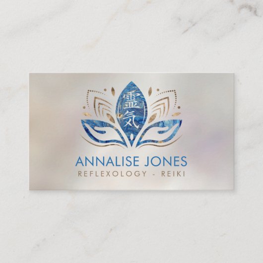 Reiki Symbol und Hände in Lotus Blue Marble Visitenkarte (Vorderseite)