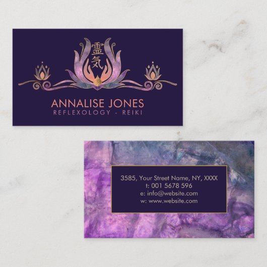 Reiki-Symbol und Hände in Lotus Fluorit und Gold Visitenkarte (Vorne/Hinten)
