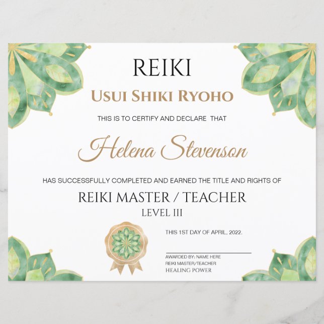 Reiki Yoga-Abschlusszeugnis (Vorderseite)