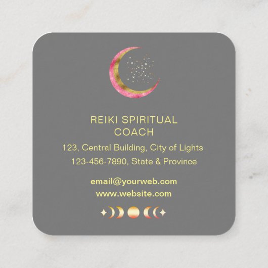 Reiki Yoga Healing Hands Crescent Moon Phases Quadratische Visitenkarte (Rückseite)