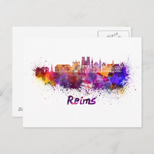 Reims Skyline in Aquarellfarbe Postkarte (Vorne/Hinten)