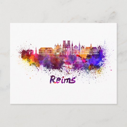 Reims Skyline in Aquarellfarbe Postkarte (Vorderseite)