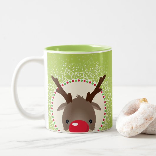 REINDEE PEEKING niedliche rote Nase rudolph Kalkgr Zweifarbige Tasse (Mit Donut)