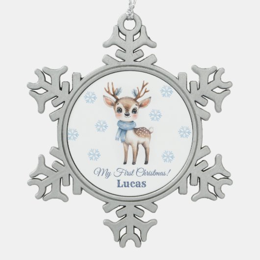 Reindeer 1. Weihnachten Schneeflocken Zinn-Ornament (Vorderseite)