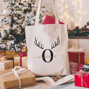 Reindeer Antler Elegant Monogram Christmas Tragetasche