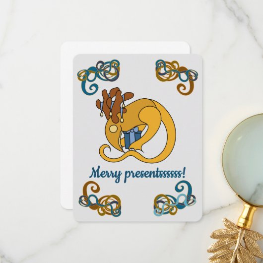 Reindeer bird with bells and presents Christmas Dankeskarte (Vorderseite/Rückseite Beispiel)