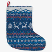 Reindeer Blue Nordic Pattern Großer Weihnachtsstrumpf (Vorderseite)