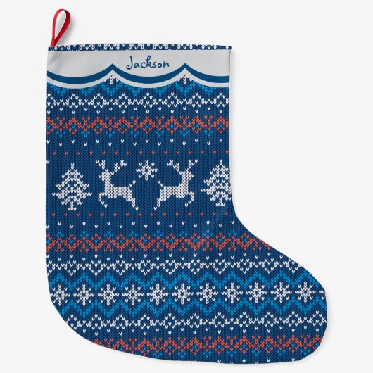 Reindeer Blue Nordic Pattern Großer Weihnachtsstrumpf (Vorderseite)