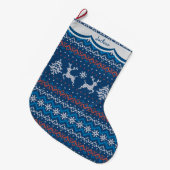 Reindeer Blue Nordic Pattern Großer Weihnachtsstrumpf (Vorderansicht (hängend))