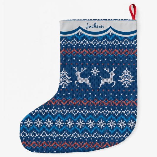Reindeer Blue Nordic Pattern Großer Weihnachtsstrumpf (Rückseite)