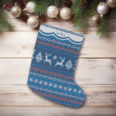Reindeer Blue Nordic Pattern Großer Weihnachtsstrumpf