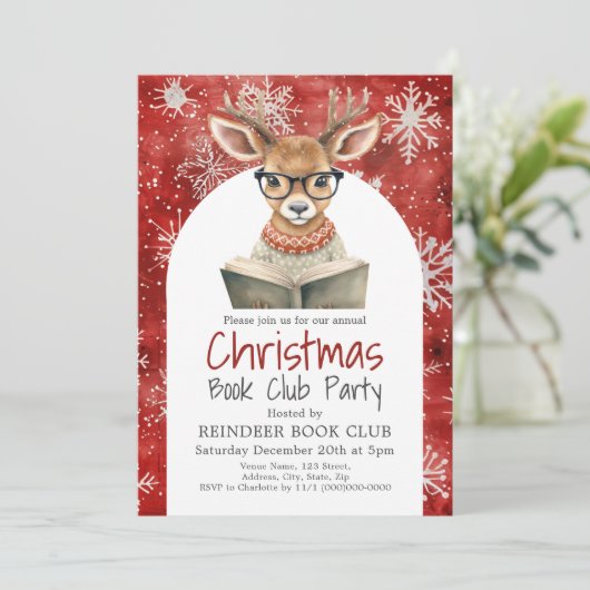 Reindeer Book Club Weihnachten Party Einladung (Stehend Vorderseite)