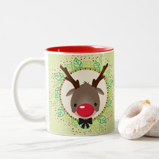 REINDEER CHRISTMAS niedliche rote Nase rudolph grü Zweifarbige Tasse (Mit Donut)