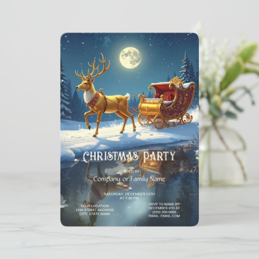 Reindeer Christmas Sleigh Holiday Party Invitation Einladung (Stehend Vorderseite)