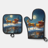 Reindeer Christmas Sleigh Ofenhandschuh & Topflappen-Set (Vorderseite)