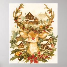 Reindeer Christmas Vintage Watercolor painting Poster