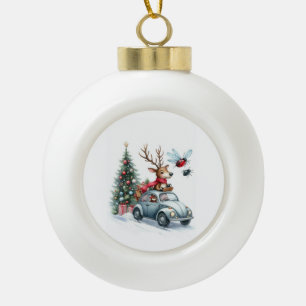 Reindeer driving a beetle with christmas treeb keramik Kugel-Ornament