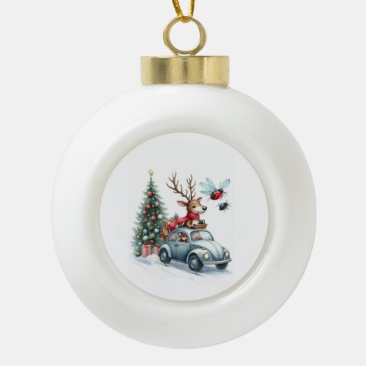 Reindeer driving a beetle with christmas treeb keramik Kugel-Ornament (Vorderseite)