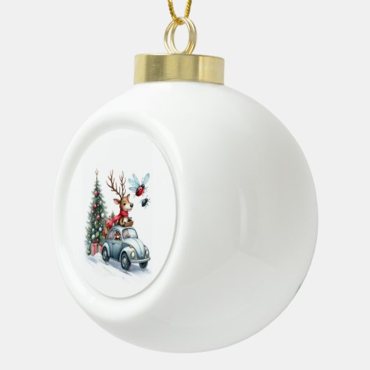 Reindeer driving a beetle with christmas treeb keramik Kugel-Ornament (Rechts)