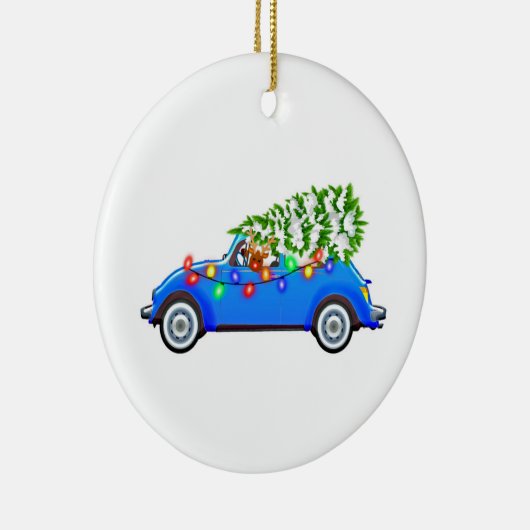Reindeer driving a beetle with christmas treeb keramik ornament (Rechts)