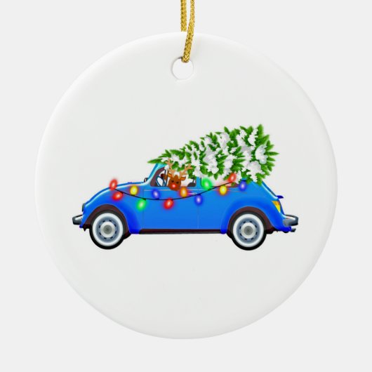 Reindeer driving a beetle with christmas treeb keramik ornament (Vorne)