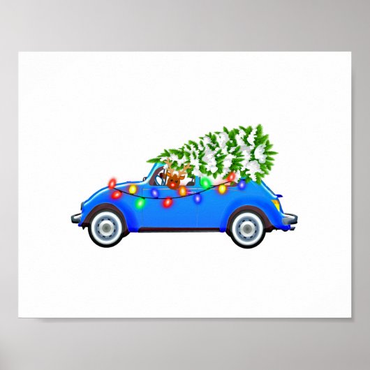 Reindeer driving a beetle with christmas treeb poster (Vorne)