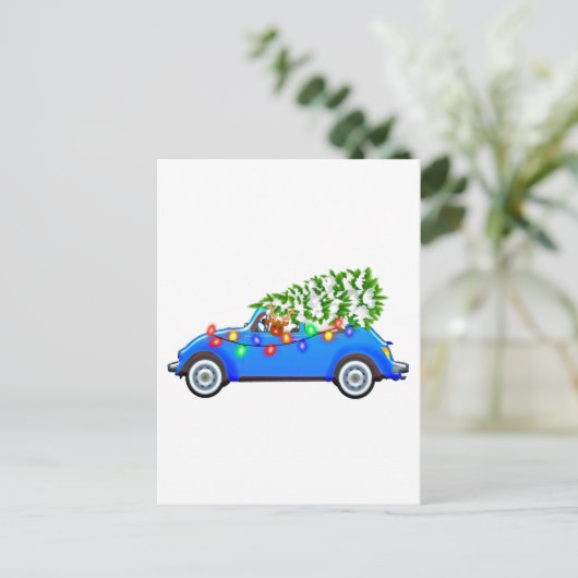 Reindeer driving a beetle with christmas treeb postkarte (Stehend Vorderseite)