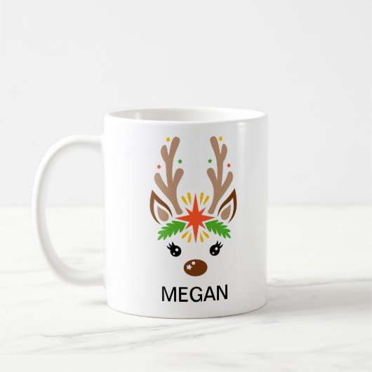 Reindeer Face Custom Name Holiday Kaffeetasse (Links)