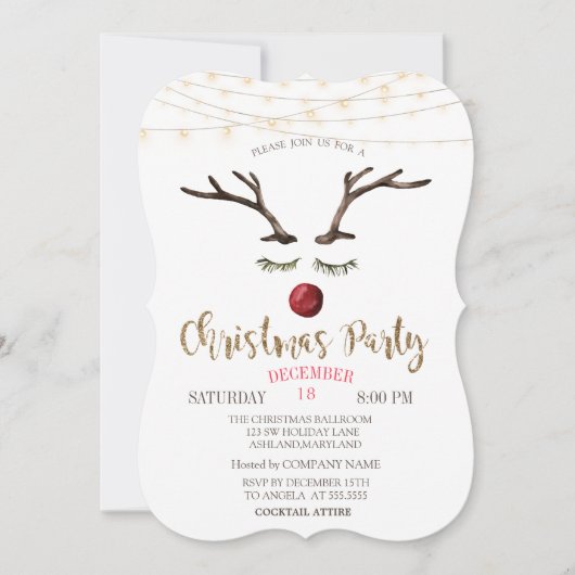Reindeer Face, String Lights Gold Company Einladung (Vorderseite)