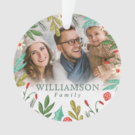 Reindeer & Festive Florals Monogram Family Foto Ornament (Vorderseite)