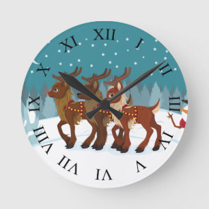 Reindeer in the Snow Runde Wanduhr
