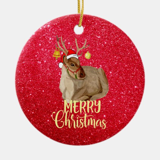 Reindeer Jingle Bell Merry Christmas Tree Keramik Ornament (Vorne)