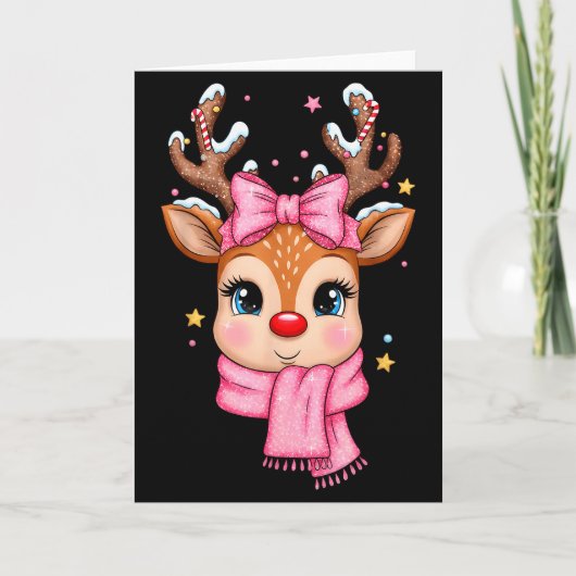 Reindeer Merry Christmas Cute Girl Women Kids Karte (Vorderseite)