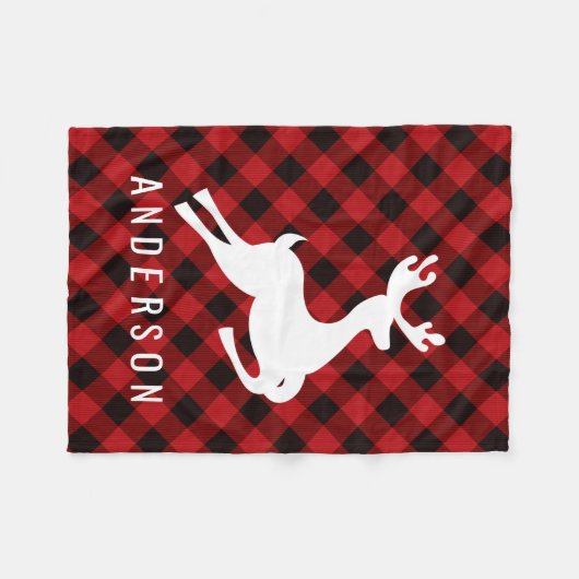 Reindeer Monogram | Deep Red Buffalo Kariert Fleecedecke (Vorderseite (Horizontal))
