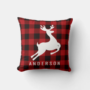 Reindeer Monogram Deep Red Buffalo Kariert Kissen