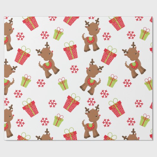 Reindeer präsentiert Snowflakes Weihnachtsmuster Geschenkpapier (Flach)