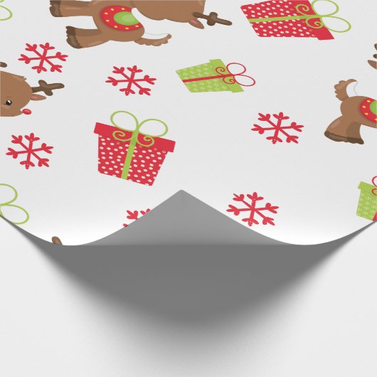Reindeer präsentiert Snowflakes Weihnachtsmuster Geschenkpapier (Ecke)