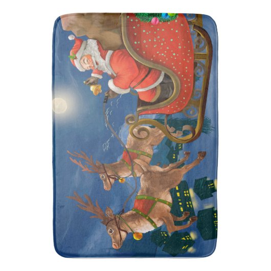Reindeer Pulling Santa Claus Sleigh | Weihnachten Badematte (Vorderseite Vertikal)