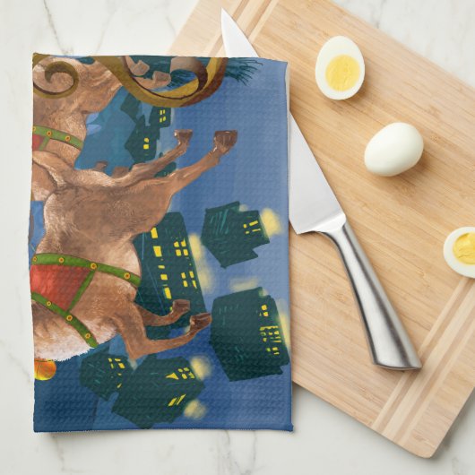 Reindeer Pulling Santa Claus Sleigh | Weihnachten Geschirrtuch (Viertel Falte)