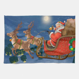 Reindeer Pulling Santa Claus Sleigh   Weihnachten Geschirrtuch