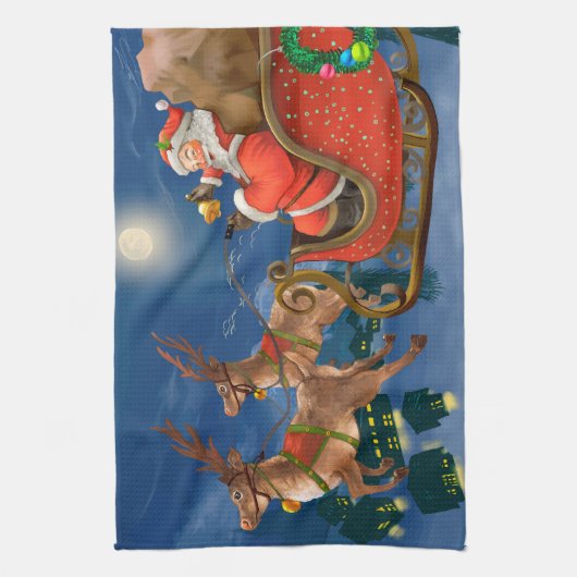 Reindeer Pulling Santa Claus Sleigh | Weihnachten Geschirrtuch (Vertikal)