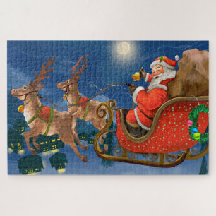 Reindeer Pulling Santa Claus Sleigh   Weihnachten Puzzle