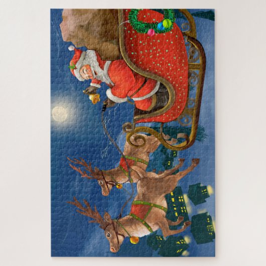 Reindeer Pulling Santa Claus Sleigh | Weihnachten Puzzle (Vertikal)