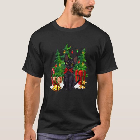 Reindeer Santa Hat Black Cat Christmas Lights Cute T-Shirt (Vorderseite)