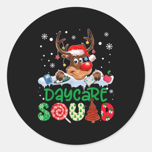 Reindeer Santa Hat Daycare Squad Teacher Christmas Runder Aufkleber (Vorderseite)