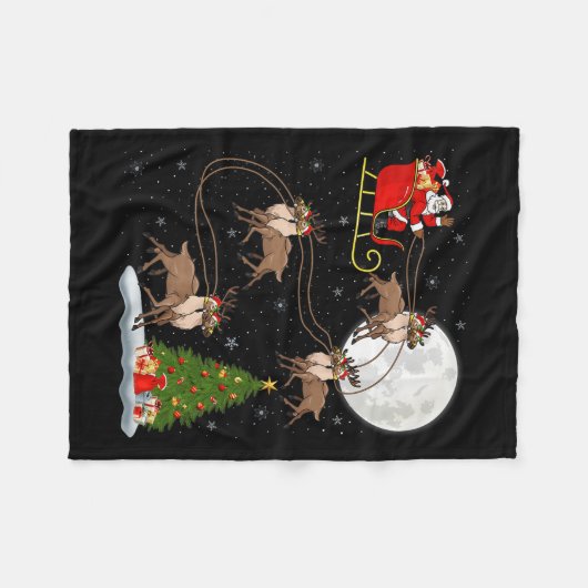 Reindeer Santa Sleigh Flying Funny Magical Christm Fleecedecke (Vorderseite (Horizontal))
