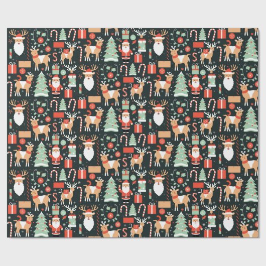 Reindeer Santa Tree Muster Weihnachts Schwarz Geschenkpapier (Flach)